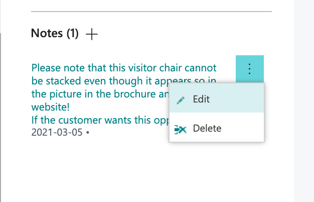 Edit a note to an items in Business Central