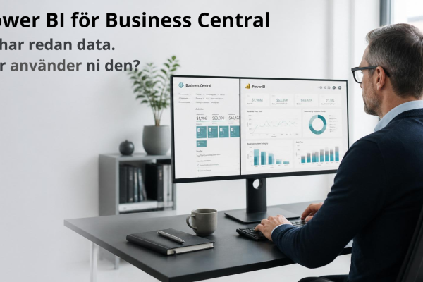Ekonomichef framför skärm med Power BI-dashboard baserad på data från Business Central.